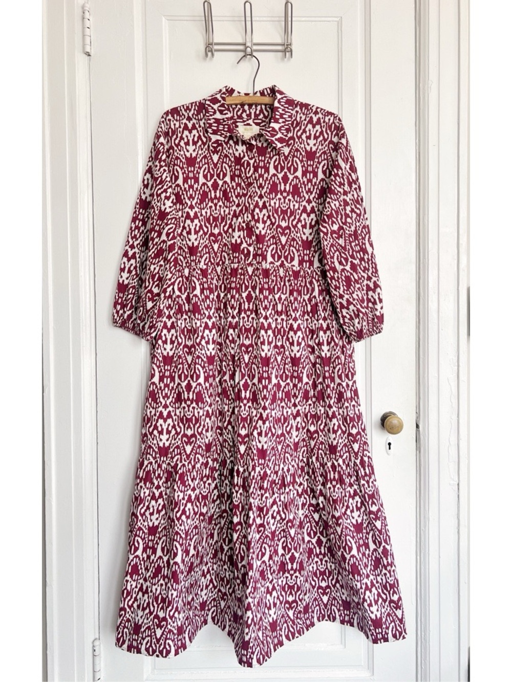 Maeve • Anthropologie Bettina Tiered Shirt Dress maxi midi cotton Wine Ikat - Picture 2 of 14